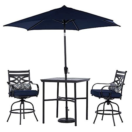 Hanover Montclair 3-Piece All-Weather Outdoor Patio High Dining Set, 2 Swivel Counter-Height Chairs with Comfortable Seat and Lumbar Cushions, 33" Square Stamped Rectangle Table, Umbrella, and Base