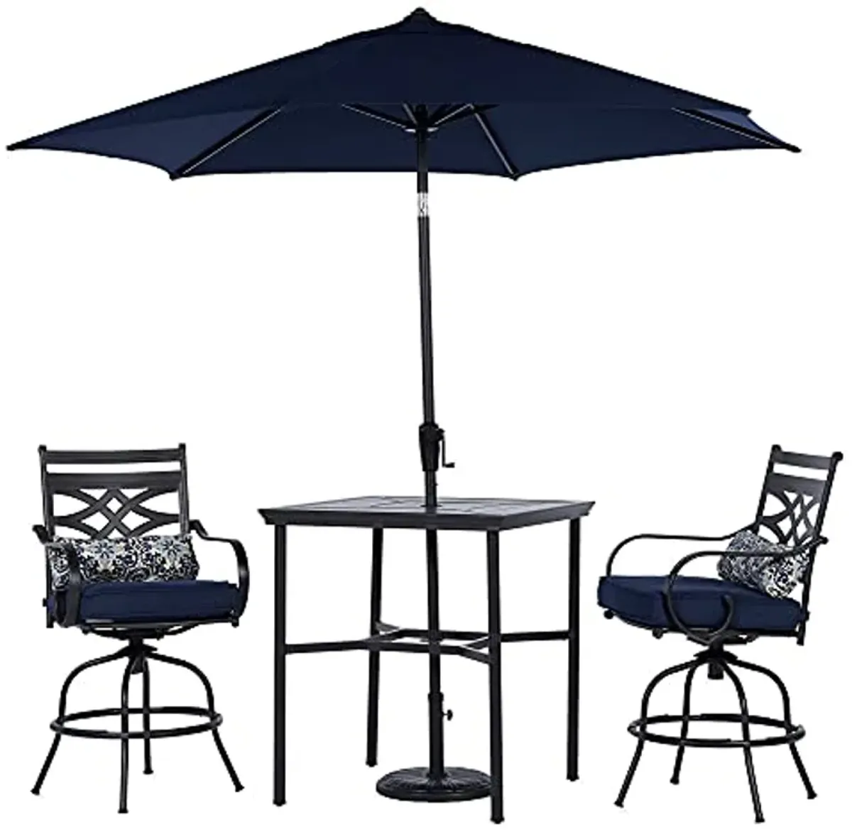 Hanover Montclair 3-Piece All-Weather Outdoor Patio High Dining Set, 2 Swivel Counter-Height Chairs with Comfortable Seat and Lumbar Cushions, 33" Square Stamped Rectangle Table, Umbrella, and Base