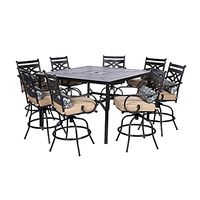 Hanover Montclair 9-Piece All-Weather Outdoor Patio High Dining Set, 8 Swivel Counter-Height Chairs with Comfortable Seat and Lumbar Cushions, 60" Square Stamped Rectangle Table, MCLRDN9PCBRSW8-TAN