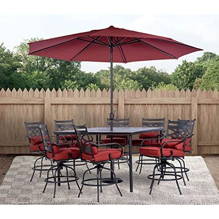 Hanover Montclair 9-Piece All-Weather Outdoor Patio High Dining Set, 8 Swivel Counter-Height Chairs with Comfortable Seat and Lumbar Cushions, 60" Square Stamped Rectangle Table, MCLRDN9PCBRSW8-SU-C