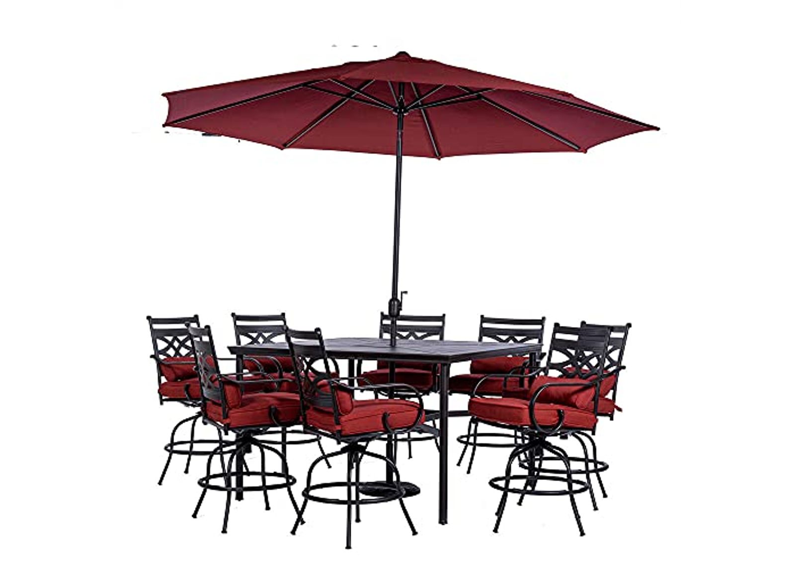 Hanover Montclair 9-Piece All-Weather Outdoor Patio High Dining Set, 8 Swivel Counter-Height Chairs with Comfortable Seat and Lumbar Cushions, 60" Square Stamped Rectangle Table, MCLRDN9PCBRSW8-SU-C