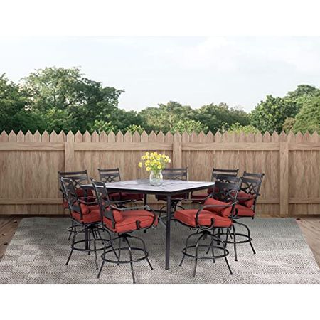 Hanover Montclair 9-Piece All-Weather Outdoor Patio High Dining Set, 8 Swivel Counter-Height Chairs with Comfortable Seat and Lumbar Cushions, 60" Square Stamped Rectangle Table, MCLRDN9PCBRSW8-CHL