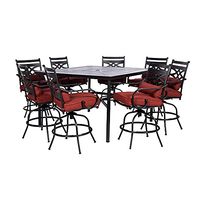 Hanover Montclair 9-Piece All-Weather Outdoor Patio High Dining Set, 8 Swivel Counter-Height Chairs with Comfortable Seat and Lumbar Cushions, 60" Square Stamped Rectangle Table, MCLRDN9PCBRSW8-CHL