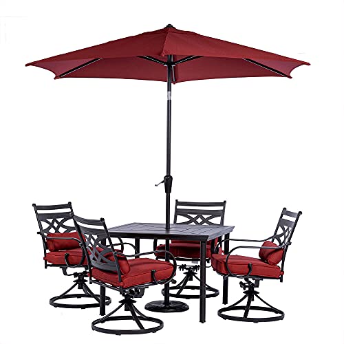 Hanover Montclair 5-Piece All-Weather Outdoor Patio Dining Set, 4 Swivel Rocker Chairs with Comfortable Seat and Lumbar Cushions, 40" Square Stamped Rectangle Table, Umbrella, and Base
