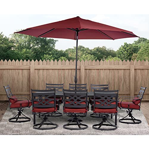 Hanover Montclair 9-Piece All-Weather Outdoor Patio Dining Set, 8 Swivel Rocker Chairs with Comfortable Seat and Lumbar Cushions, 84"x42" Stamped Rectangle Table, Umbrella, and Umbrella Base