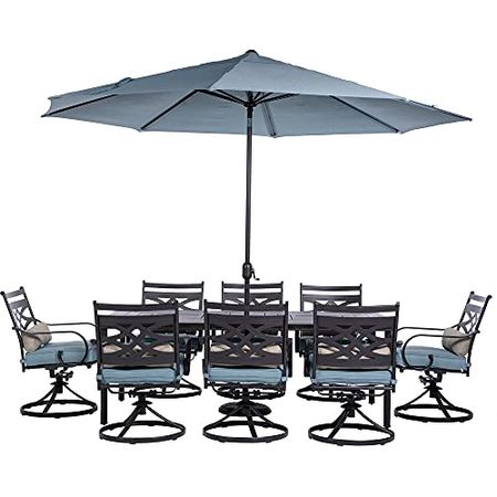 Hanover Montclair 9-Piece All-Weather Outdoor Patio Dining Set, 8 Swivel Rocker Chairs with Comfortable Seat and Lumbar Cushions, 84"x42" Stamped Rectangle Table, Umbrella, and Umbrella Base