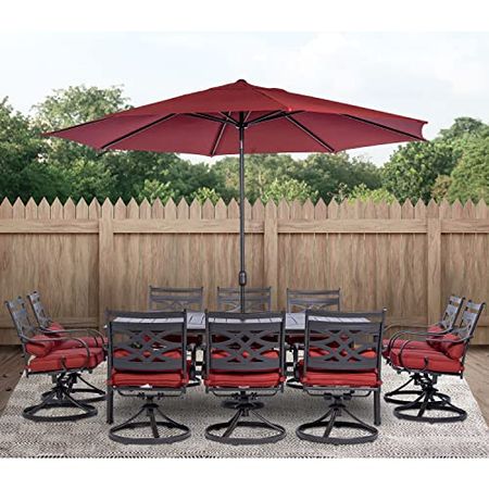 Hanover Montclair 11-Piece All-Weather Outdoor Patio Dining Set, 10 Swivel Rocker Chairs with Comfortable Seat and Lumbar Cushions, 84"x60" Stamped Rectangle Table, Umbrella, and Umbrella Base