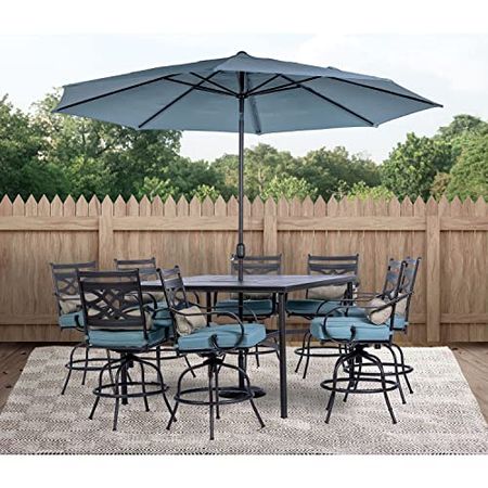Hanover Montclair 9-Piece All-Weather Outdoor Patio High Dining Set, 8 Swivel Counter-Height Chairs with Comfortable Seat and Lumbar Cushions, 60" Square Stamped Rectangle Table, MCLRDN9PCBRSW8-SU-B