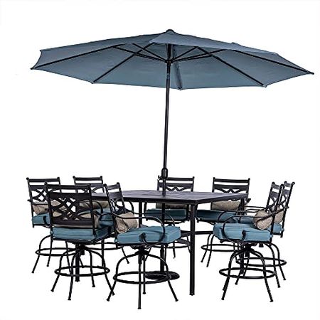 Hanover Montclair 9-Piece All-Weather Outdoor Patio High Dining Set, 8 Swivel Counter-Height Chairs with Comfortable Seat and Lumbar Cushions, 60" Square Stamped Rectangle Table, MCLRDN9PCBRSW8-SU-B