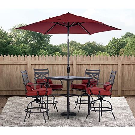 Hanover Montclair 5-Piece All-Weather Outdoor Patio High Dining Set, 4 Swivel Counter-Height Chairs with Comfortable Seat and Lumbar Cushions, 33" Square Stamped Rectangle Table, Umbrella, and Base