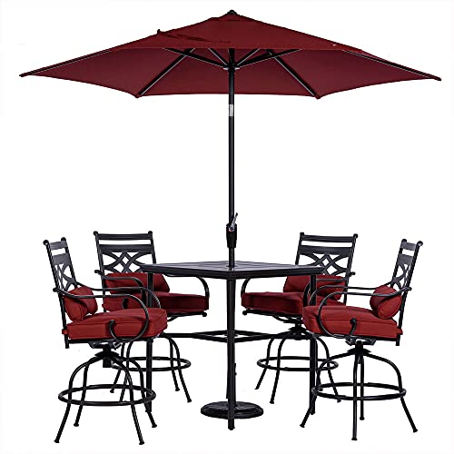 Hanover Montclair 5-Piece All-Weather Outdoor Patio High Dining Set, 4 Swivel Counter-Height Chairs with Comfortable Seat and Lumbar Cushions, 33" Square Stamped Rectangle Table, Umbrella, and Base