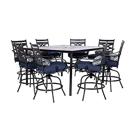 Hanover Montclair 9-Piece All-Weather Outdoor Patio High Dining Set, 8 Swivel Counter-Height Chairs with Comfortable Seat and Lumbar Cushions, 60" Square Stamped Rectangle Table, MCLRDN9PCBRSW8-NVY