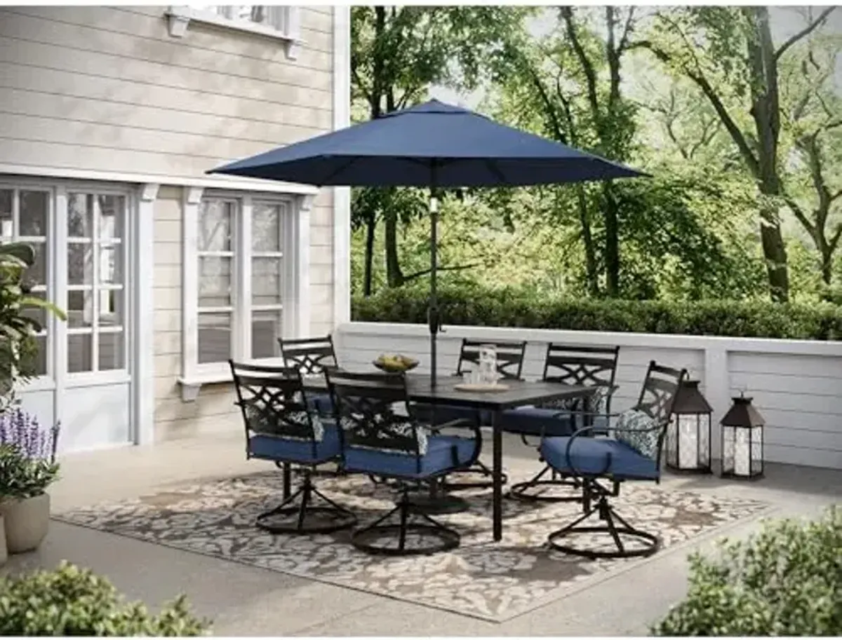 Hanover Montclair 7-Piece Outdoor Dining Set, 6 Swivel Rocker Chairs with Lumbar Cushions, 40"x67" Stamped Rectangle Table, Umbrella, and Umbrella Base, All-Weather Patio Dining Set for 6