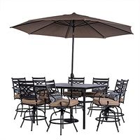 Hanover 9-Piece Montclair Weather Outdoor Patio High Dining Set, 8 Swivel Counter-Height Chairs with Comfortable Seat and Lumbar Cushions, 60" Square Stamped Rectangle Table, MCLRDN9PCBRSW8-SU-T, Tan