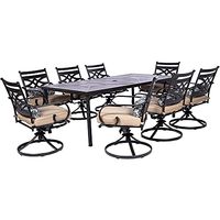 Hanover Montclair 9-Piece All-Weather Outdoor Patio Dining Set, 8 Swivel Rocker Chairs with Comfortable Seat and Lumbar Cushions, 84"x42" Stamped Rectangle Table, MCLRDN9PCSW8-TAN