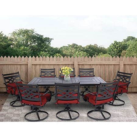 Hanover Montclair 9-Piece All-Weather Outdoor Patio Dining Set, 8 Swivel Rocker Chairs with Comfortable Seat and Lumbar Cushions, 84"x42" Stamped Rectangle Table, MCLRDN9PCSW8-CHL