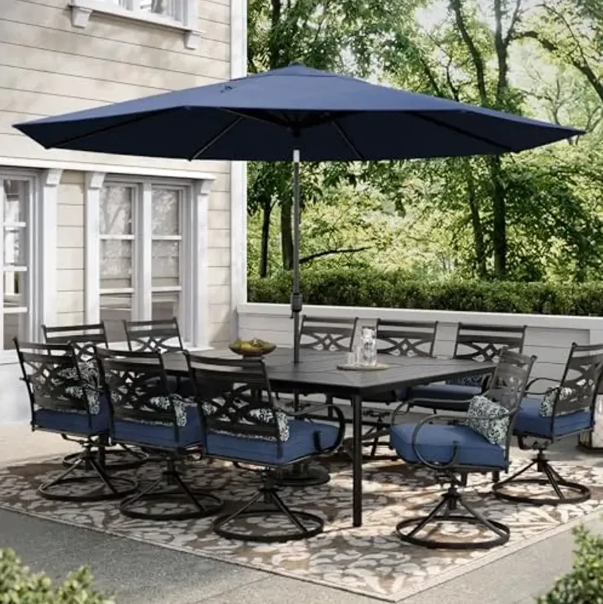 Hanover Montclair 11' Market Outdoor Umbrella, All-Weather, Crank Lever, Navy