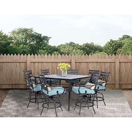 Hanover Montclair 9-Piece All-Weather Outdoor Patio High Dining Set, 8 Swivel Counter-Height Chairs with Comfortable Seat and Lumbar Cushions, 60" Square Stamped Rectangle Table, MCLRDN9PCBRSW8-BLU