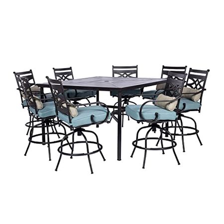 Hanover Montclair 9-Piece All-Weather Outdoor Patio High Dining Set, 8 Swivel Counter-Height Chairs with Comfortable Seat and Lumbar Cushions, 60" Square Stamped Rectangle Table, MCLRDN9PCBRSW8-BLU