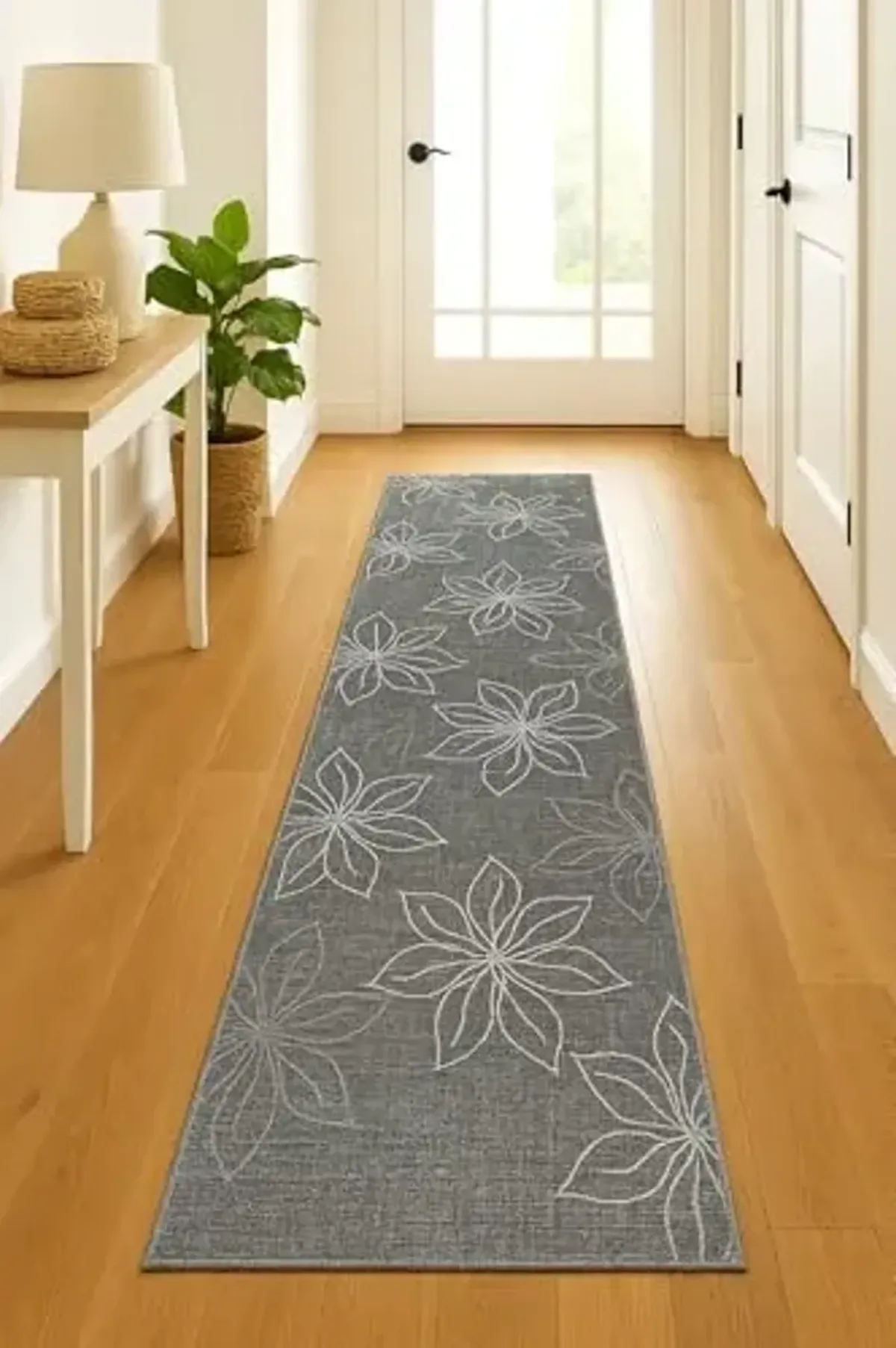 Couristan Charm Indoor Outdoor Runner Rug – 2'2" x 7'6" Botanical in Ash Gray Color – Flatwoven, Hose Washable, Pet Friendly – Entryway, Hallway or Patio Home Decor