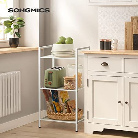 SONGMICS 3-Tier Storage Rack, Bathroom Shelf, Extendable Plant Stand with Adjustable Shelf, for Bathroom, Living Room, Balcony, Kitchen, White UBSC033W01