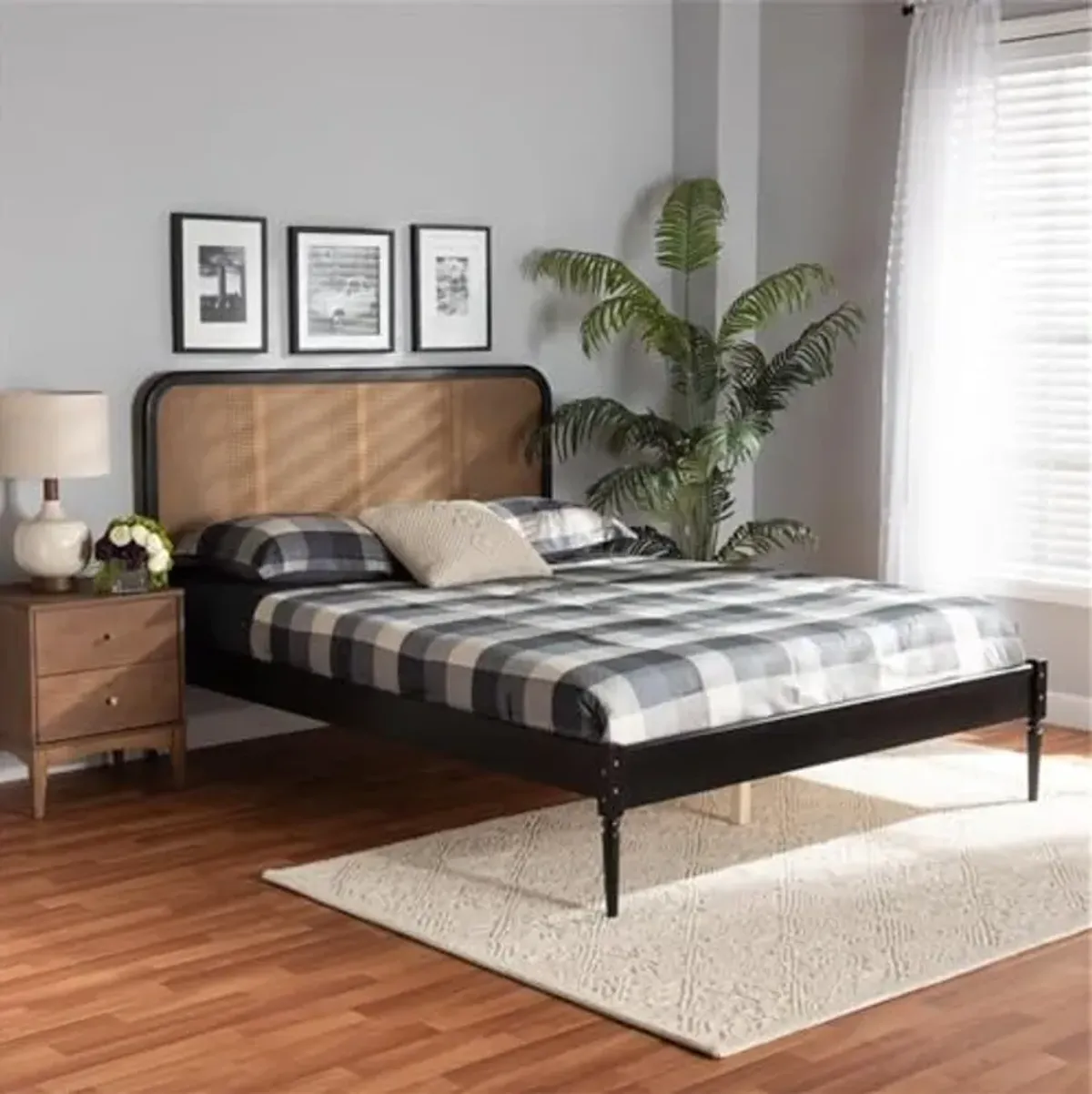 Baxton Studio Elston Mid-Century Modern Charcoal Finished Wood and Synthetic Rattan Queen Size Platform Bed