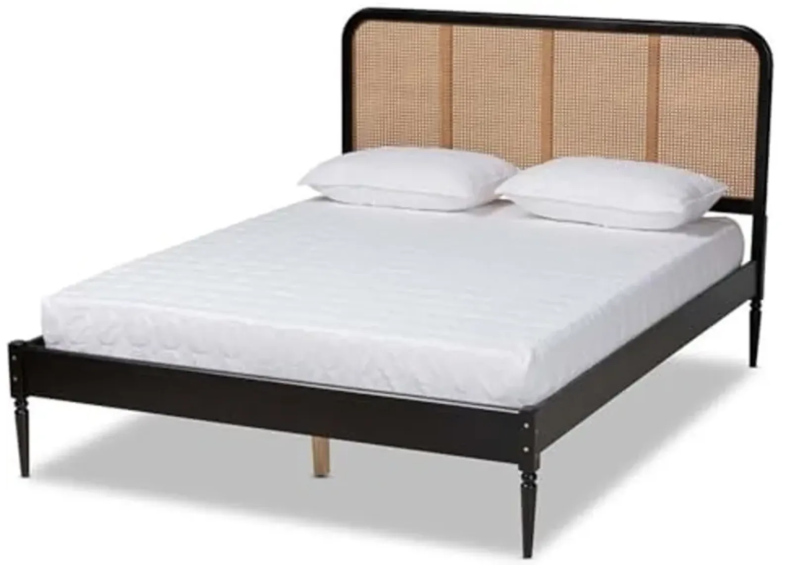 Baxton Studio Elston Mid-Century Modern Charcoal Finished Wood and Synthetic Rattan Queen Size Platform Bed