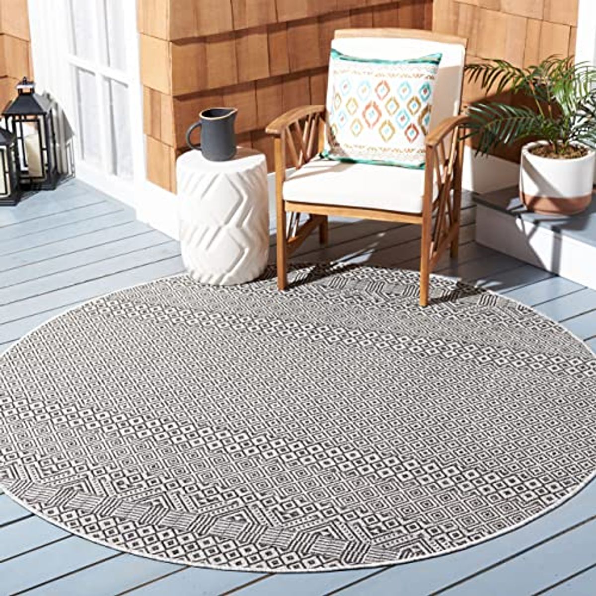 SAFAVIEH Courtyard Collection 4' Round Grey/Black CY8235 Indoor/ Outside Waterproof Easy cleansingPatio Backyard Mudroom Area Mat