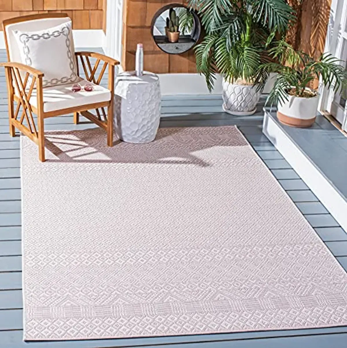 SAFAVIEH Courtyard Collection 4' x 5'7" Ivory/Soft Pink CY8235 Indoor/ Outside Waterproof Easy cleansingPatio Backyard Mudroom Area Mat