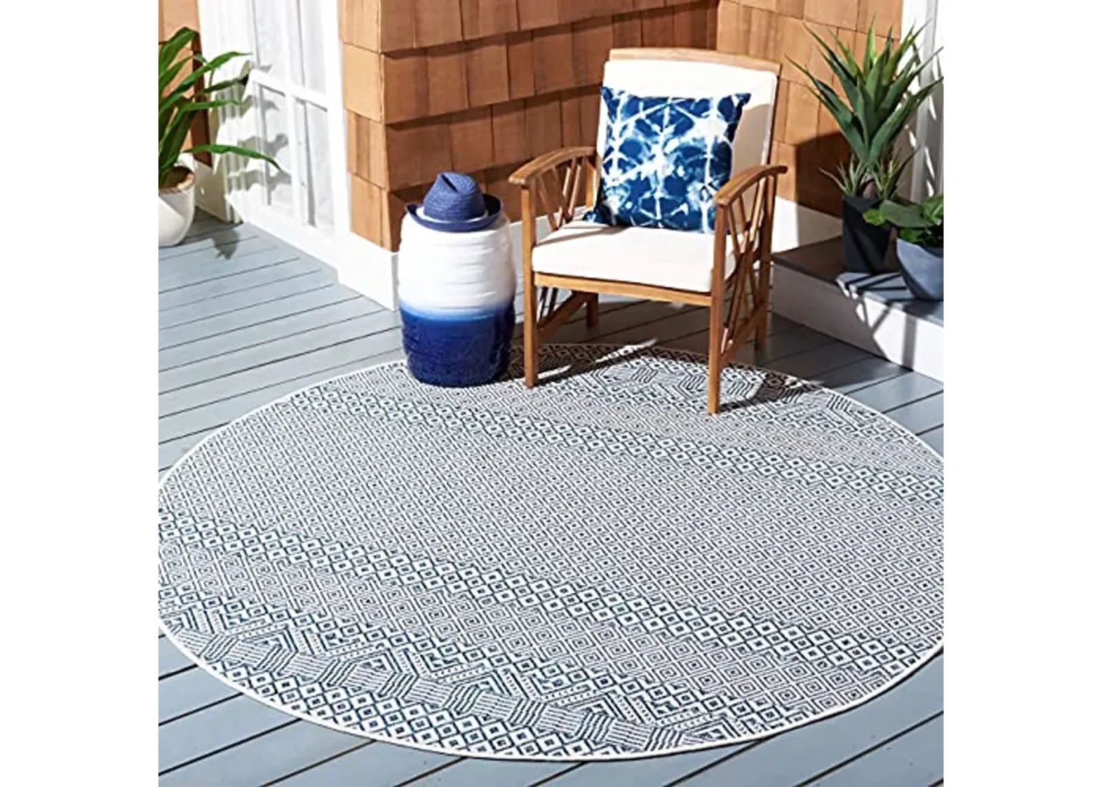 SAFAVIEH Courtyard Collection 5'3" Round Blue/Navy CY8235 Indoor/ Outside Waterproof Easy cleansingPatio Backyard Mudroom Area Mat