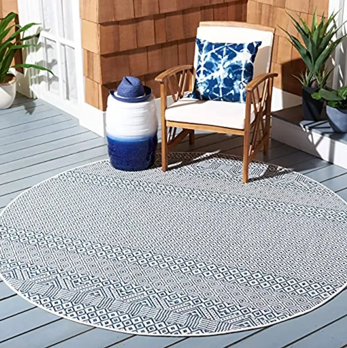 SAFAVIEH Courtyard Collection 5'3" Round Blue/Navy CY8235 Indoor/ Outside Waterproof Easy cleansingPatio Backyard Mudroom Area Mat