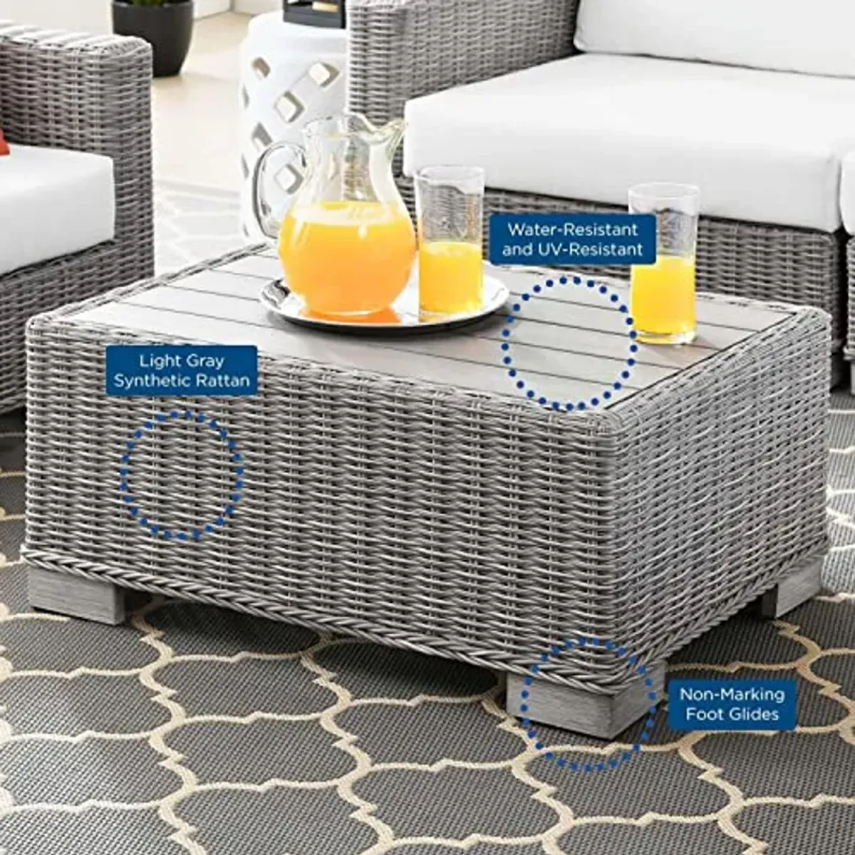 Modway Conway 4-Piece Outdoor Patio Wicker Rattan Furniture Set, Light Gray White