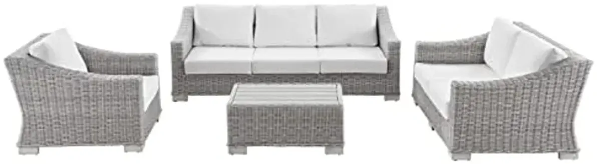 Modway Conway 4-Piece Outdoor Patio Wicker Rattan Furniture Set, Light Gray White