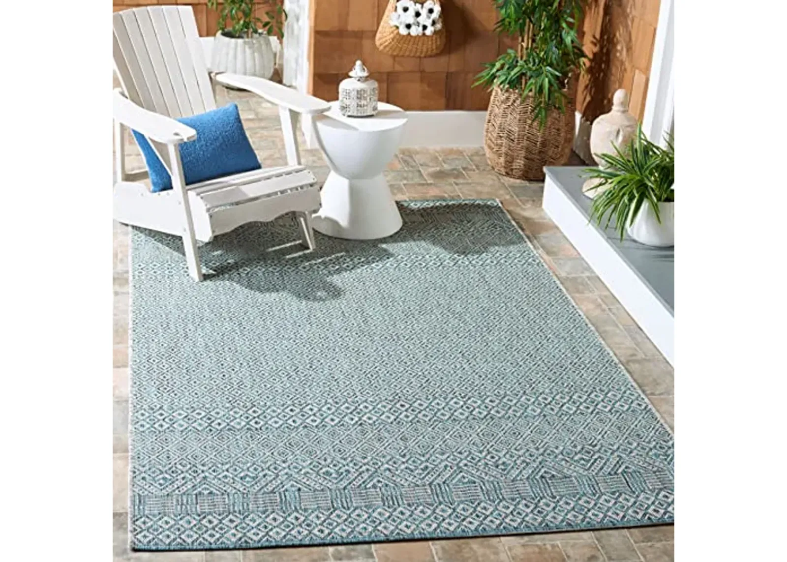 SAFAVIEH Courtyard Collection 4' x 5'7" Grey/Aqua CY8235 Indoor/ Outside Waterproof Easy cleansingPatio Backyard Mudroom Area Mat