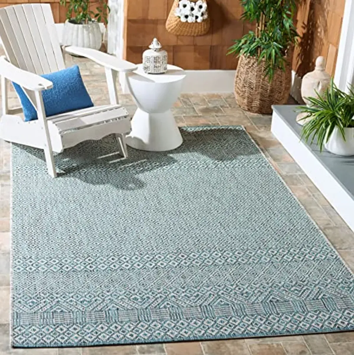 SAFAVIEH Courtyard Collection 4' x 5'7" Grey/Aqua CY8235 Indoor/ Outside Waterproof Easy cleansingPatio Backyard Mudroom Area Mat