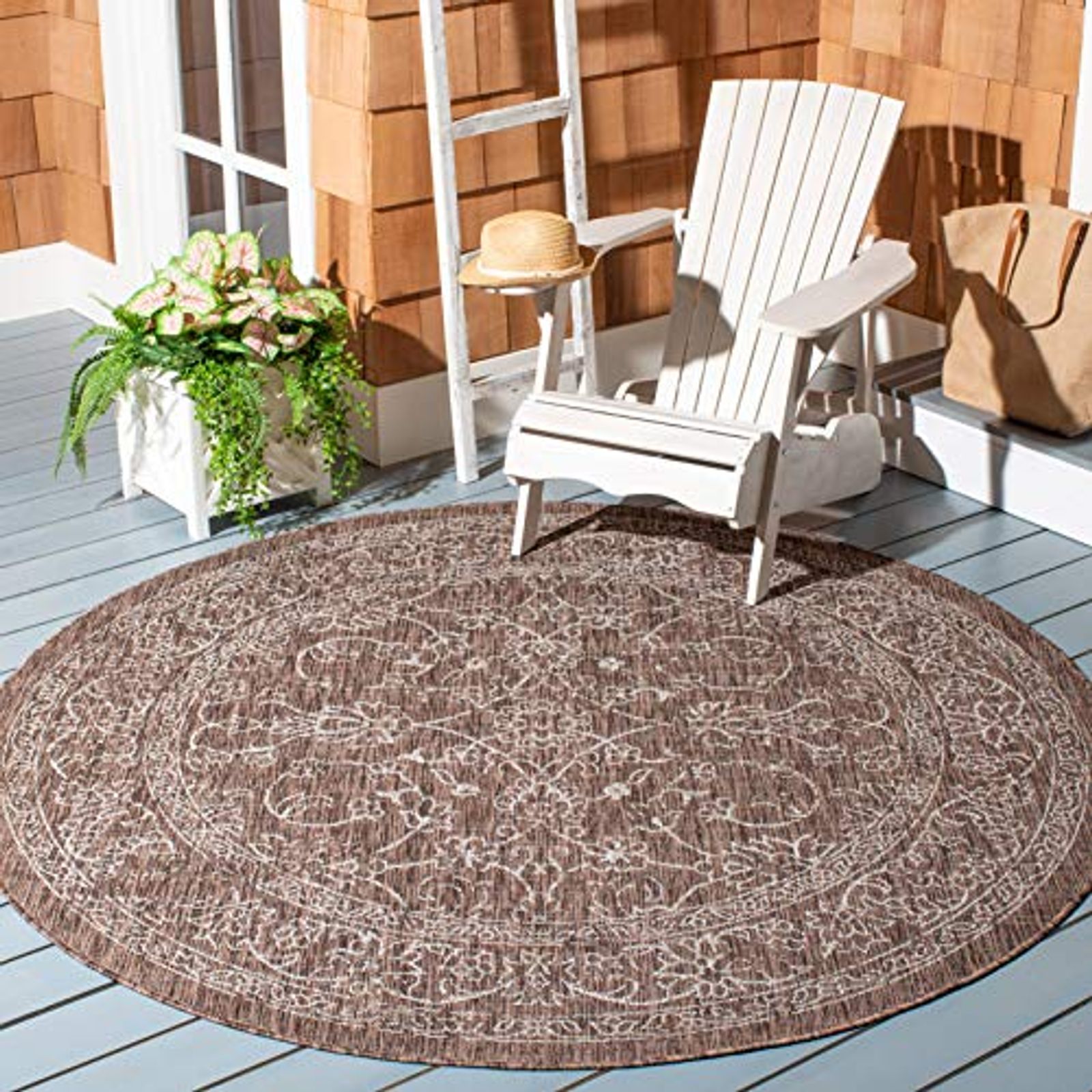 SAFAVIEH Courtyard Collection 5'3" Round Brown/Ivory CY8680 Indoor/ Outside Waterproof Easy cleansingPatio Backyard Mudroom Area Mat