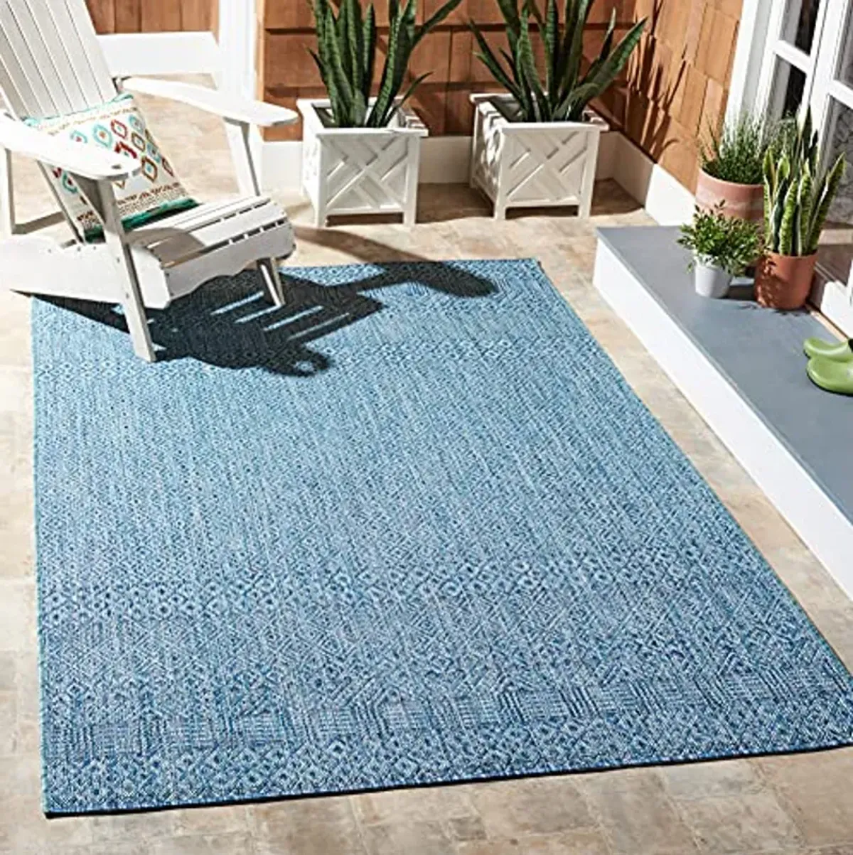 SAFAVIEH Courtyard Collection 6'7" Square Aqua/Navy CY8235 Indoor/ Outside Waterproof Easy cleansingPatio Backyard Mudroom Area Mat