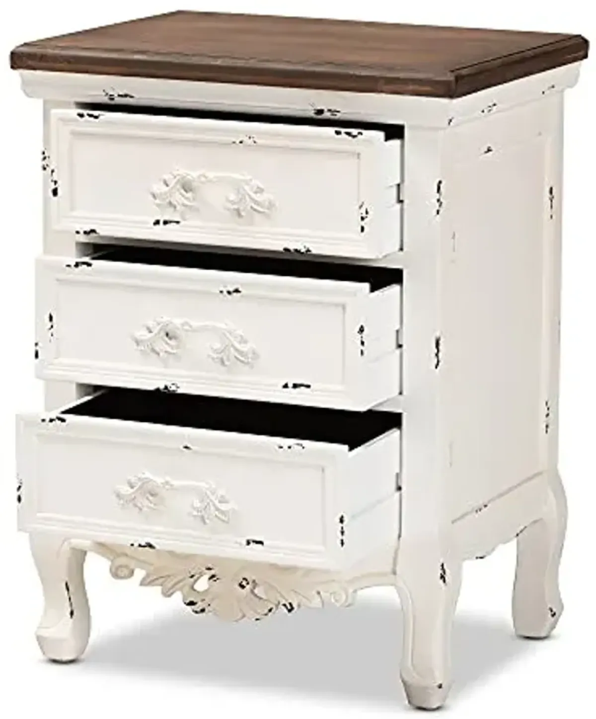 Baxton Studio Levron Classic and Traditional Walnut Brown and Antique White Finished Wood 3-Drawer End Table