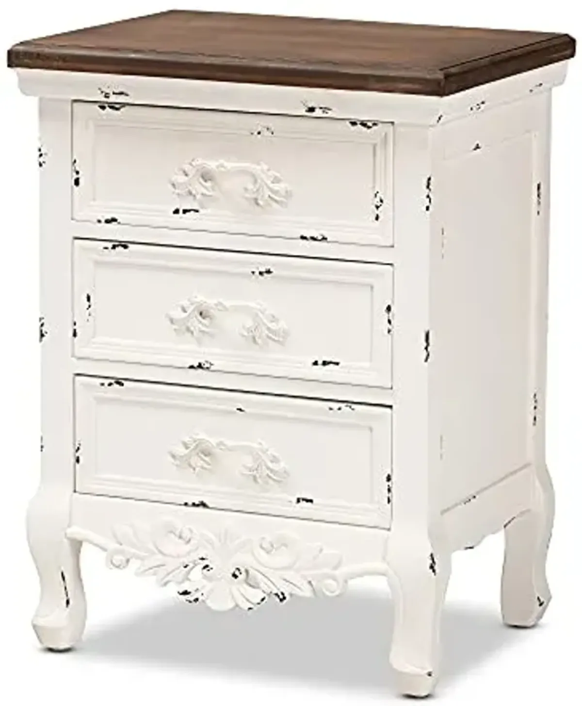 Baxton Studio Levron Classic and Traditional Walnut Brown and Antique White Finished Wood 3-Drawer End Table