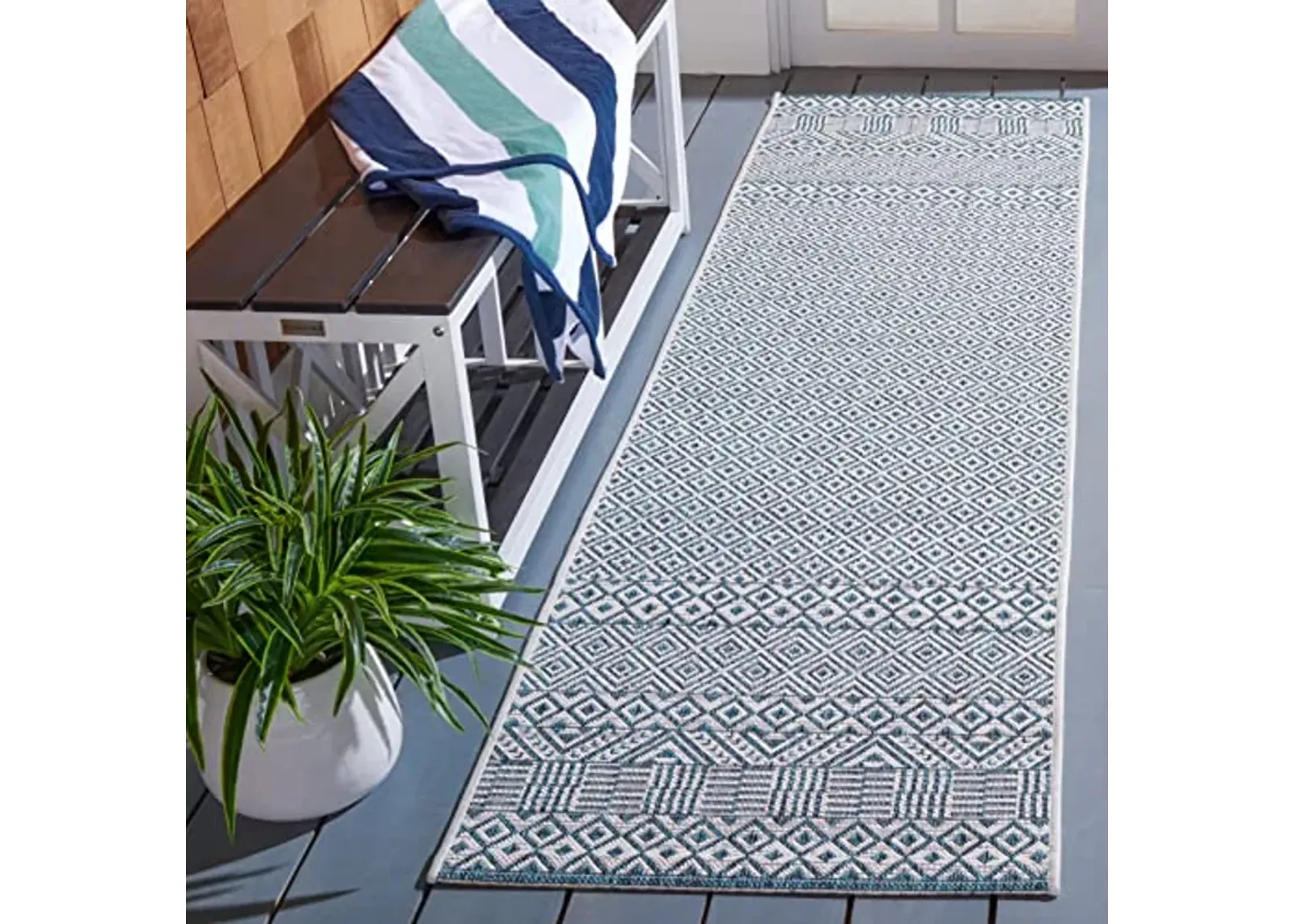 SAFAVIEH Courtyard Collection 2'3" x 8' Ivory/Aqua CY8235 Indoor/ Outside Waterproof Easy cleansingPatio Backyard Mudroom Runner Mat