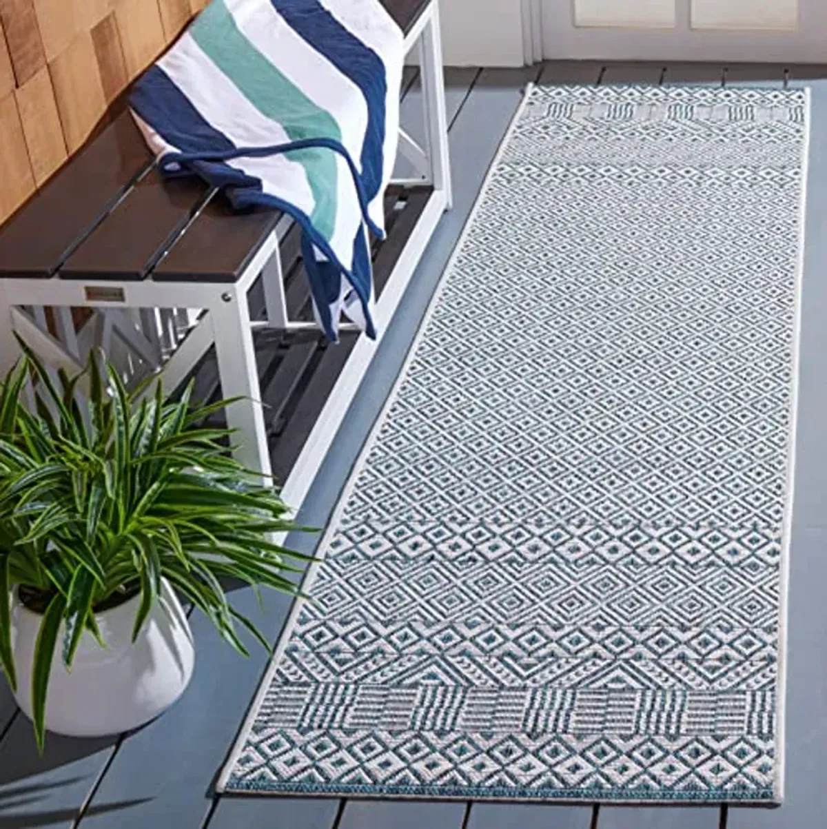 SAFAVIEH Courtyard Collection 2'3" x 8' Ivory/Aqua CY8235 Indoor/ Outside Waterproof Easy cleansingPatio Backyard Mudroom Runner Mat