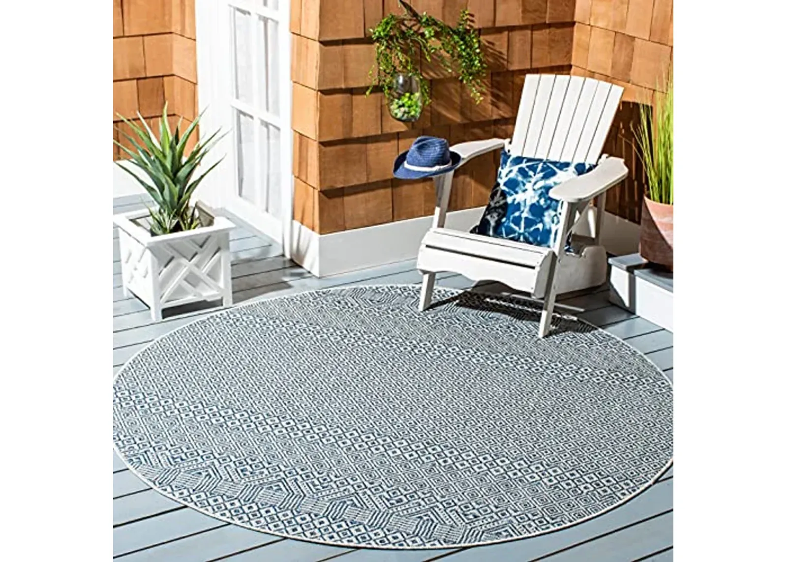 SAFAVIEH Courtyard Collection 4' Round Grey/Blue CY8235 Indoor/ Outside Waterproof Easy cleansingPatio Backyard Mudroom Area Mat