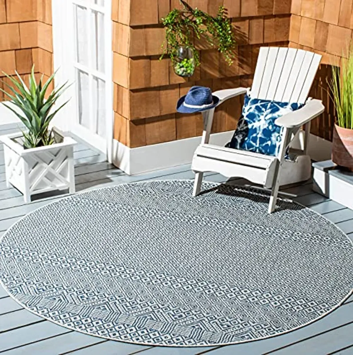 SAFAVIEH Courtyard Collection 4' Round Grey/Blue CY8235 Indoor/ Outside Waterproof Easy cleansingPatio Backyard Mudroom Area Mat