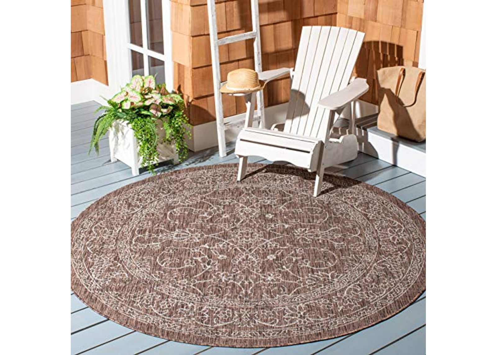 SAFAVIEH Courtyard Collection 4' Round Brown/Ivory CY8680 Indoor/ Outside Waterproof Easy cleansingPatio Backyard Mudroom Area Mat