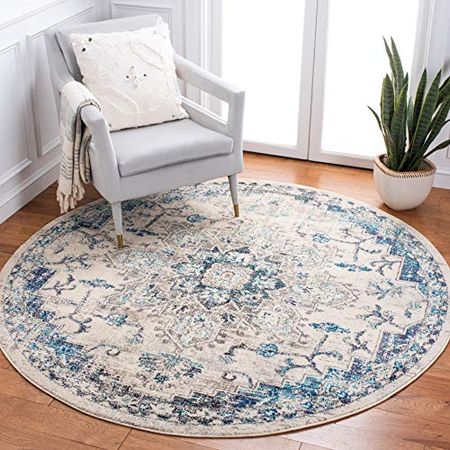 Safavieh Madison Collection 8' Round IvoryGrey MAD473C Boho Chic Medallion Distressed Non-Shedding Entryway Foyer Living Room Bedroom Kitchen Area Rug
