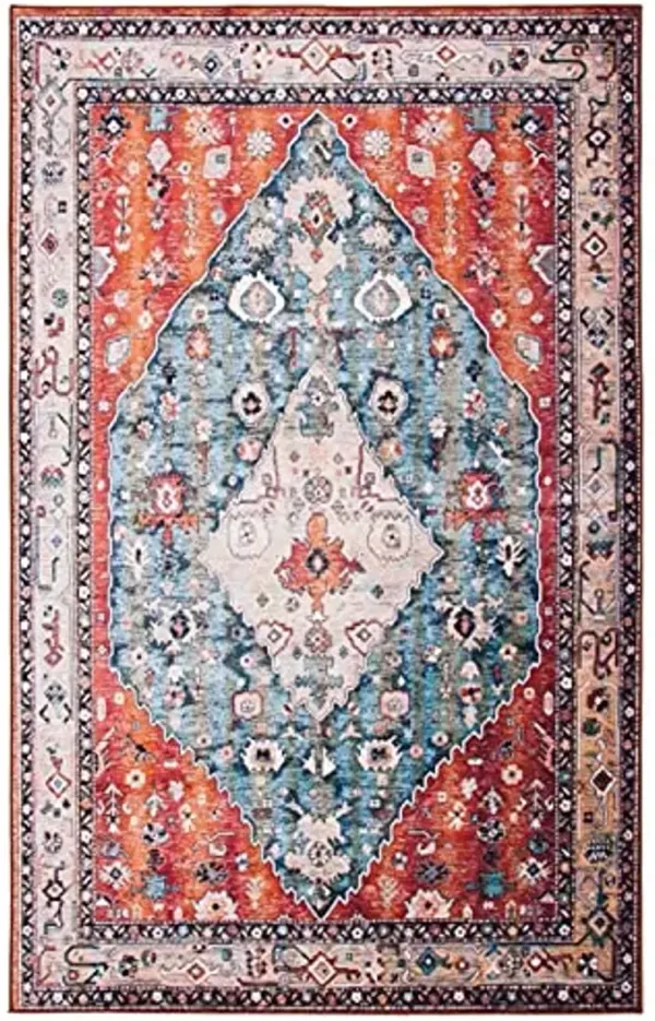 SAFAVIEH Washable Rug Tucson Collection - 4' x 6', Beige & Blue, Slip Resistant & Easy to Clean, Ideal for Foyer, Kitchen, Nursery, Office, Bedroom (TSN104B)