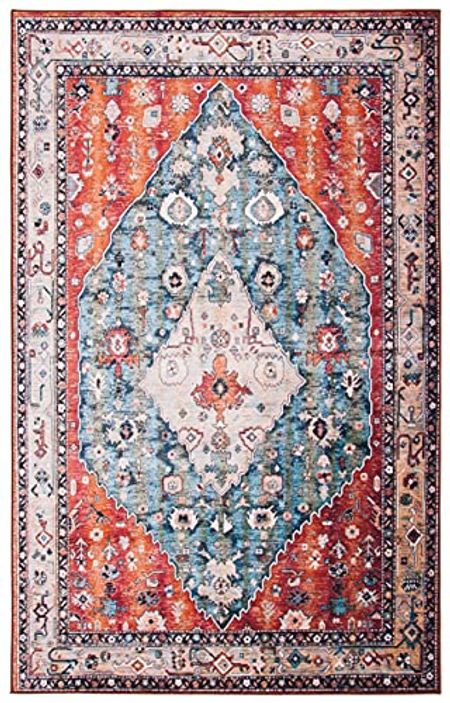SAFAVIEH Tucson Collection Machine Washable Slip Resistant 4' x 6' Beige/Blue TSN104B Vintage Persian Medallion Entryway Living Room Foyer Bedroom Accent Rug