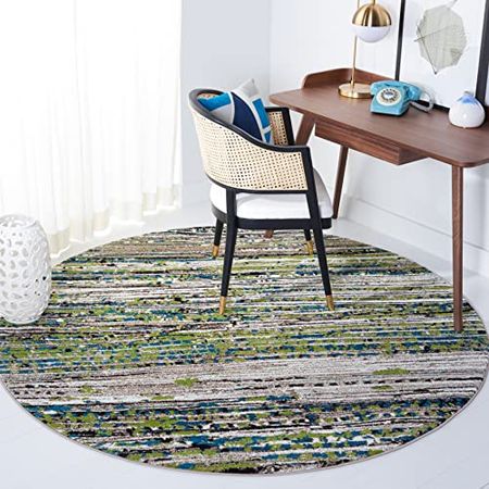 SAFAVIEH Porcello Collection 4' x 4' Round Cream/Green PRL6944L Modern Non-Shedding Entryway Foyer Living Room Bedroom Kitchen Area Rug