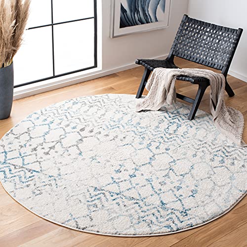 SAFAVIEH Tulum Collection 8' Round Ivory/Turquoise TUL270B Moroccan Boho Distressed Non-Shedding Entryway Foyer Living Room Bedroom Kitchen Area Rug