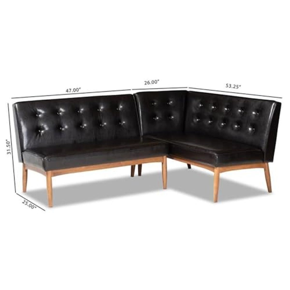 Baxton Studio Arvid Mid-Century Modern Dark Brown Faux Leather Upholstered 2-Piece Wood Dining Corner Sofa Bench